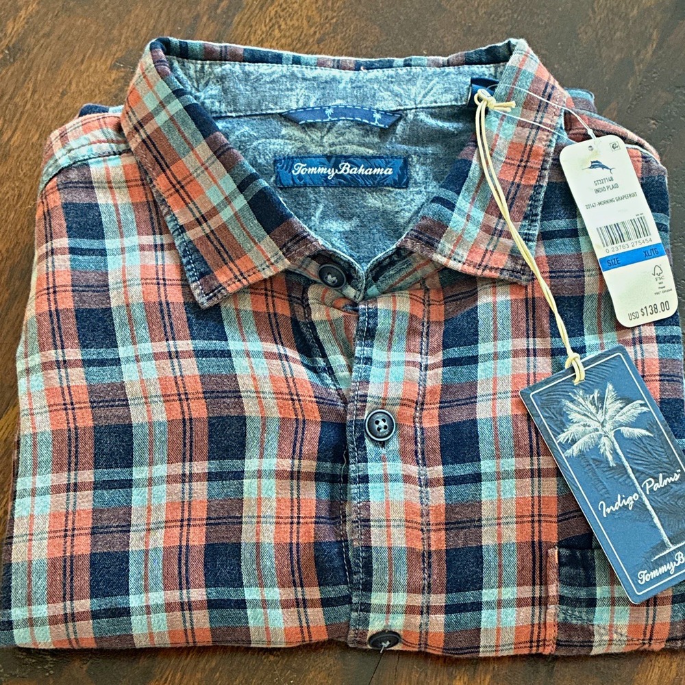 TOMMY BAHAMA Indigo Palms Men's Plaid Long Sleeve Button Up Shirt XL